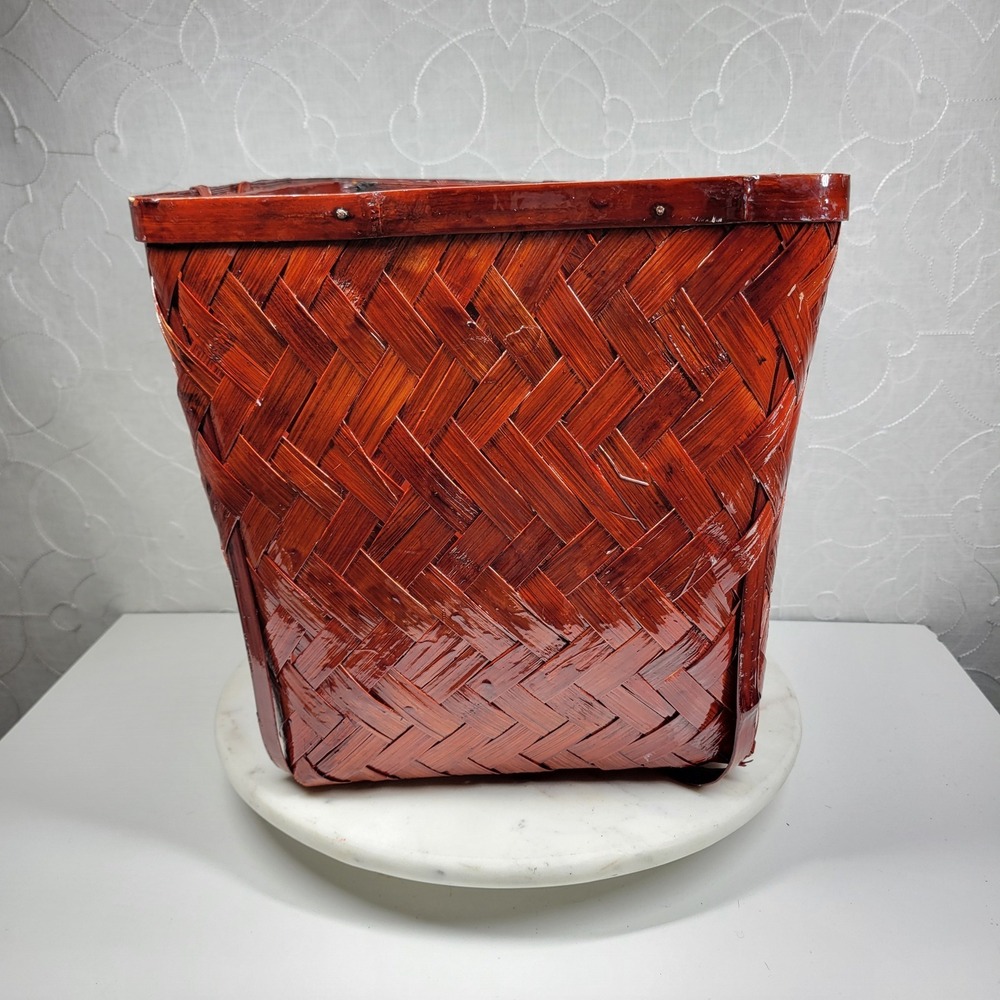Vintage Lacquered Woven Bamboo Basket Bentwood Square Storage Basket Rustic
